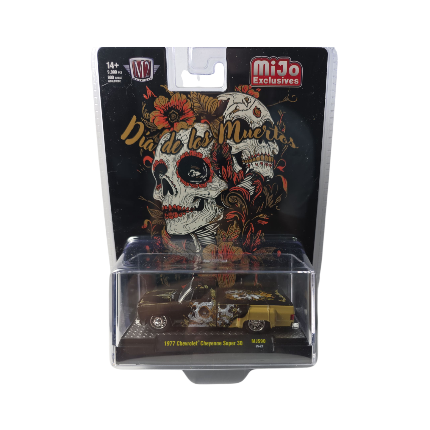 💀 M2 Machines 1:64 MiJo Exclusive: 1977 Chevy Cheyenne Super 30 "DÃa De Los Muertos" (Black/Gold)