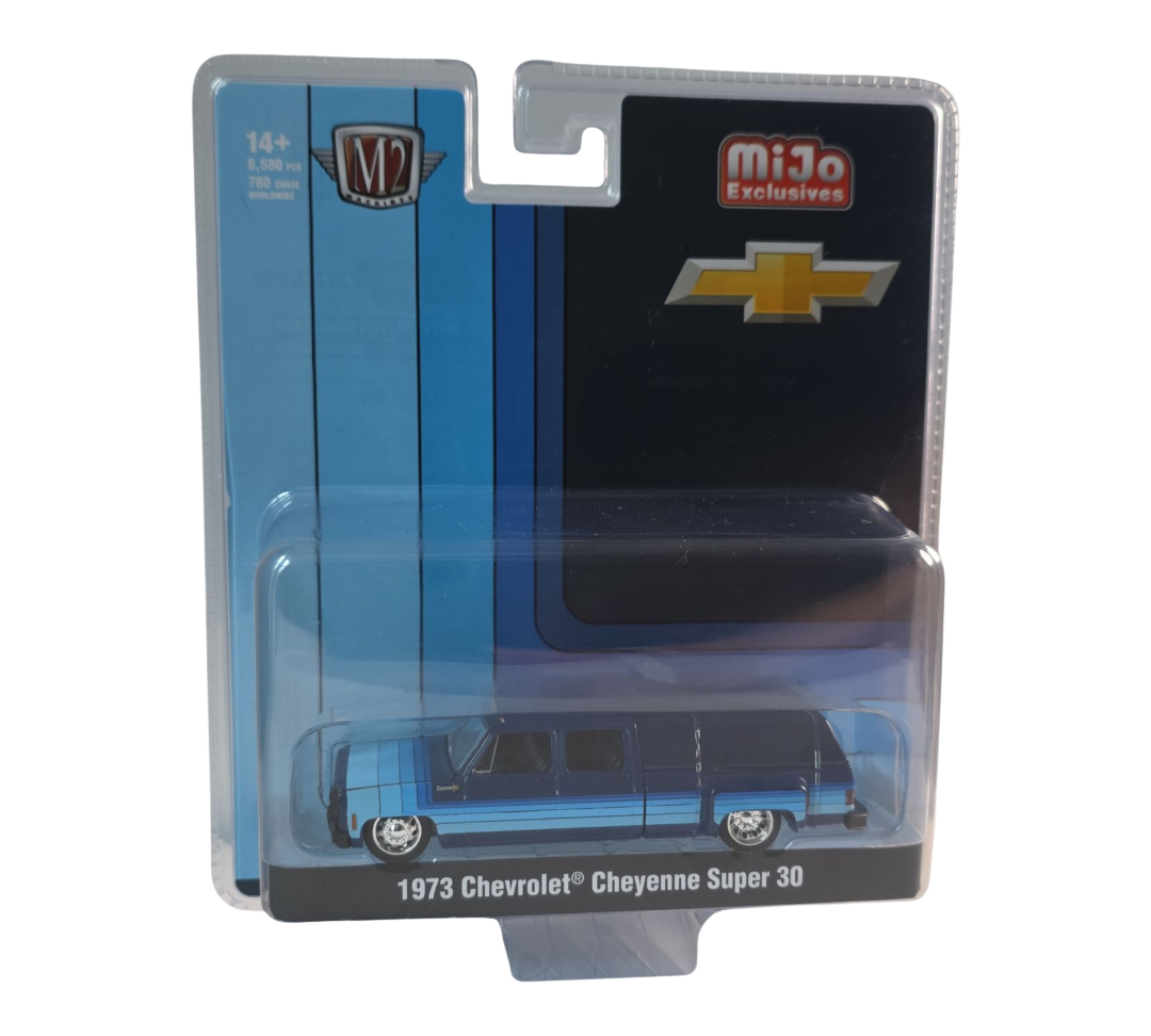 M2 Machines 1:64 1973 Chevrolet Cheyenne Super 30 Dually with Camper Shell – Blue – MiJo Exclusives Limited Edition