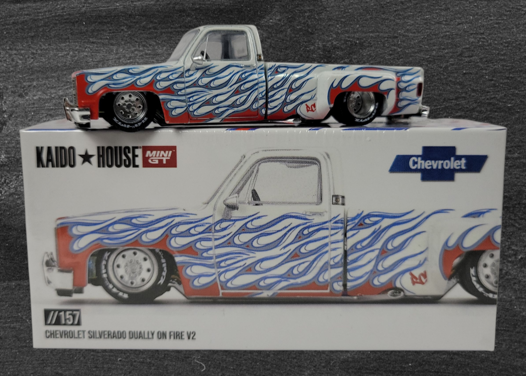 Kaido House x Mini GT 1:64 Chevrolet Silverado Dually on Fire V2 ā White Flames: Sealed in box.