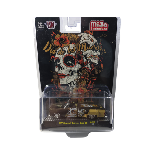 💀 M2 Machines 1:64 MiJo Exclusive: 1977 Chevy Cheyenne Super 30 "Día De Los Muertos" (Black/Gold)