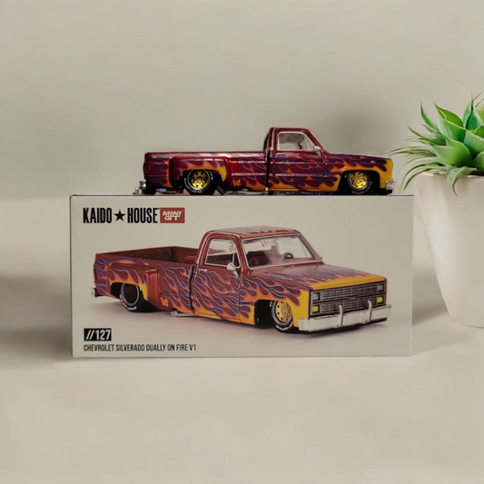 Kaido House x Mini GT 1:64 Chevrolet Silverado Dually on Fire V1–RED FLAMES