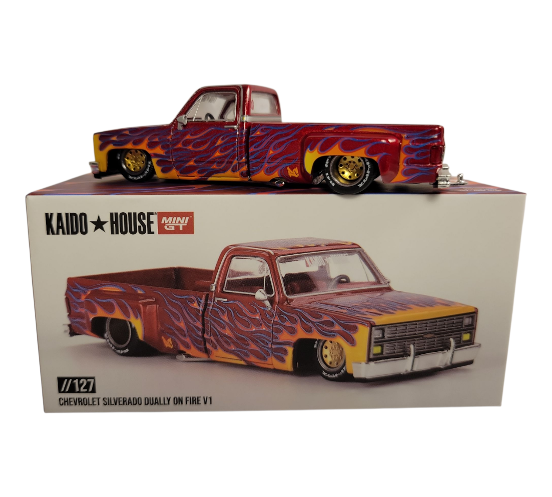 Kaido House x Mini GT 1:64 Chevrolet Silverado Dually on Fire V1–RED FLAMES