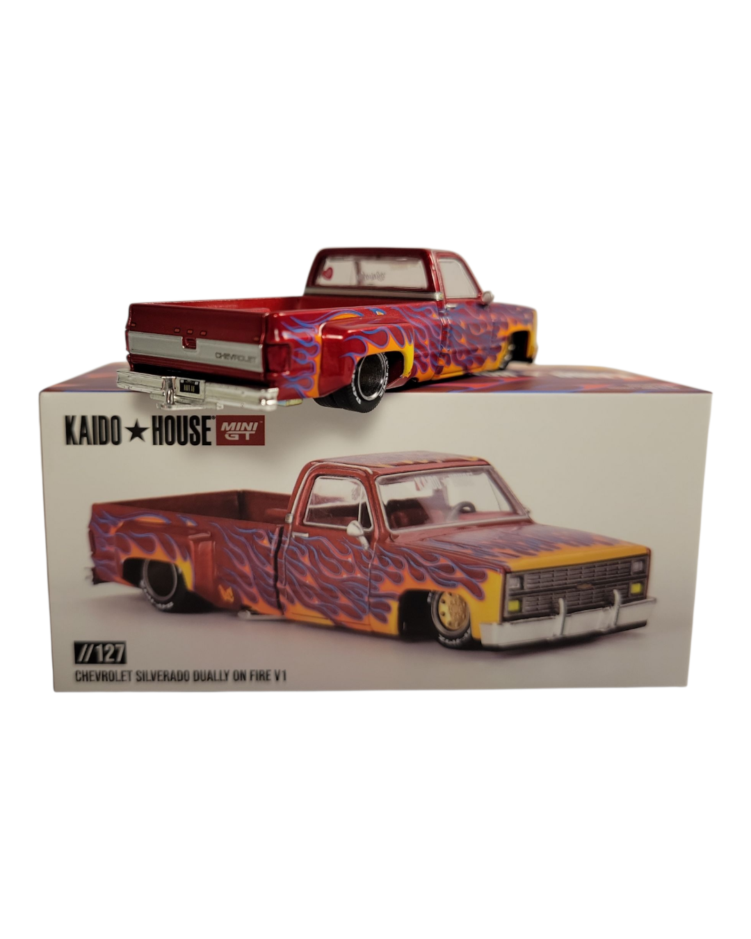 Kaido House x Mini GT 1:64 Chevrolet Silverado Dually on Fire V1–RED FLAMES