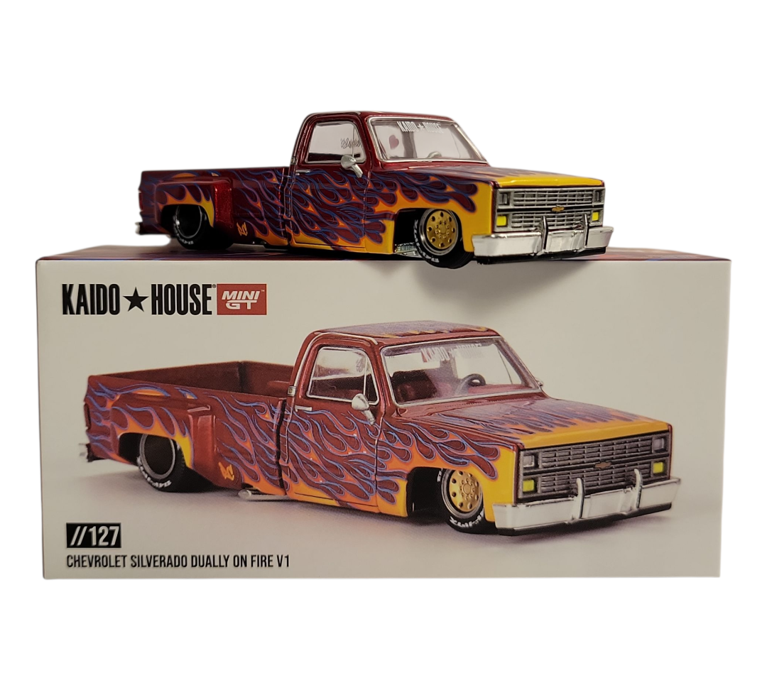 Kaido House x Mini GT 1:64 Chevrolet Silverado Dually on Fire V1–RED FLAMES